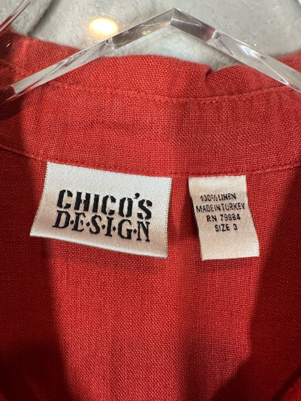 VINTAGE CHICOS Women's 3/XL Orange Red Linen Button Down Boxy Collared Shirt - Picture 3 of 6